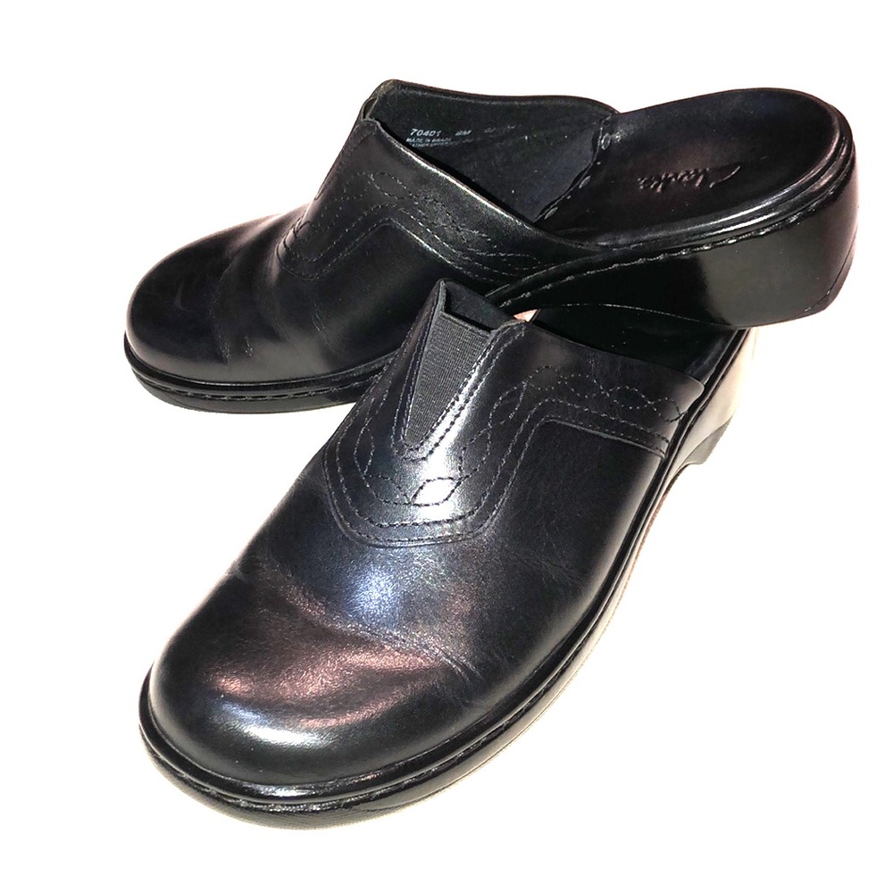 Clarks Women's Black Leather Wedge Mules - Picture 2 of 8